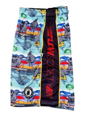 Flow Society Boys Size L Blue Pool Shark Attack LAX Lacrosse Graphic Shorts